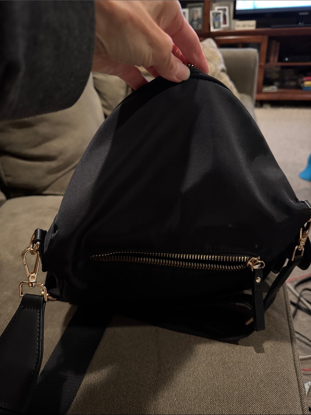 Women's Black Crossbody Belt Bag with Gold Zippers - Picture 3 of 4